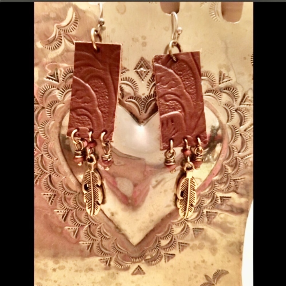 LEATHER EARRINGS LONG BROWN STAMPED BAR GOLD BRASS FEATHERS WOOD BEADS ARTISAN